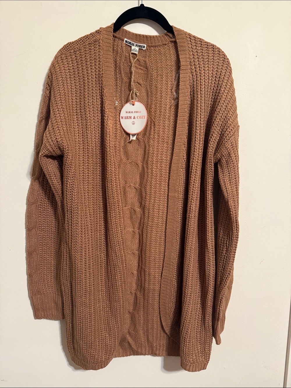 Moral Fiber Cable-Knit Open Cardigan in Camel Brown